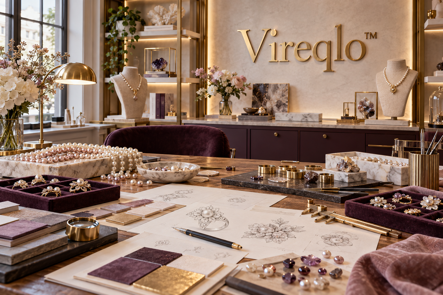 Vireqlo jewelry atelier with pearl strands, stone samples, sketches and precision tools